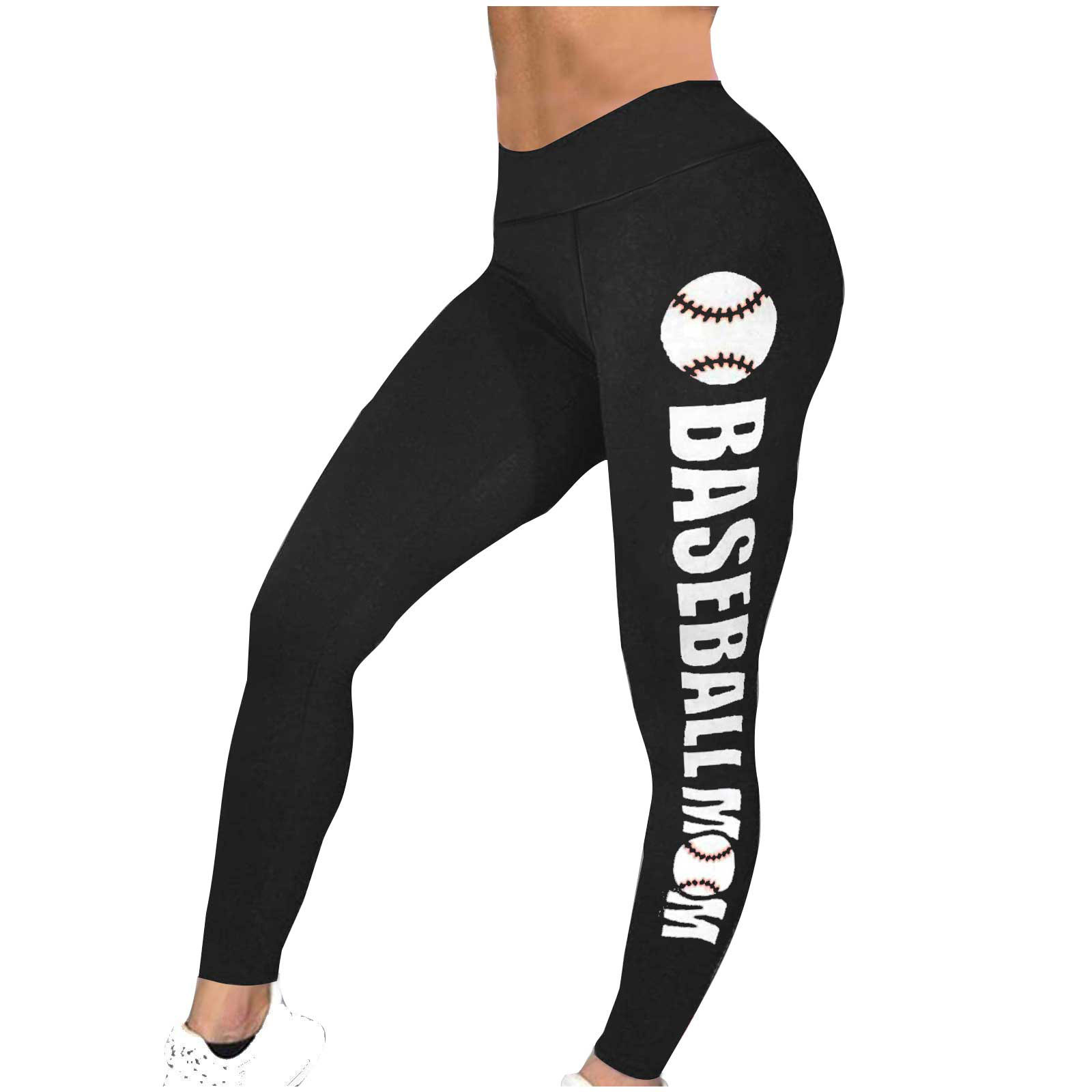 Cotton Leggings for Women Workout Tights Casual Athletic Pant High Waisted Baseball Print Yoga Tights Elastic Waist Trousers (Black S)